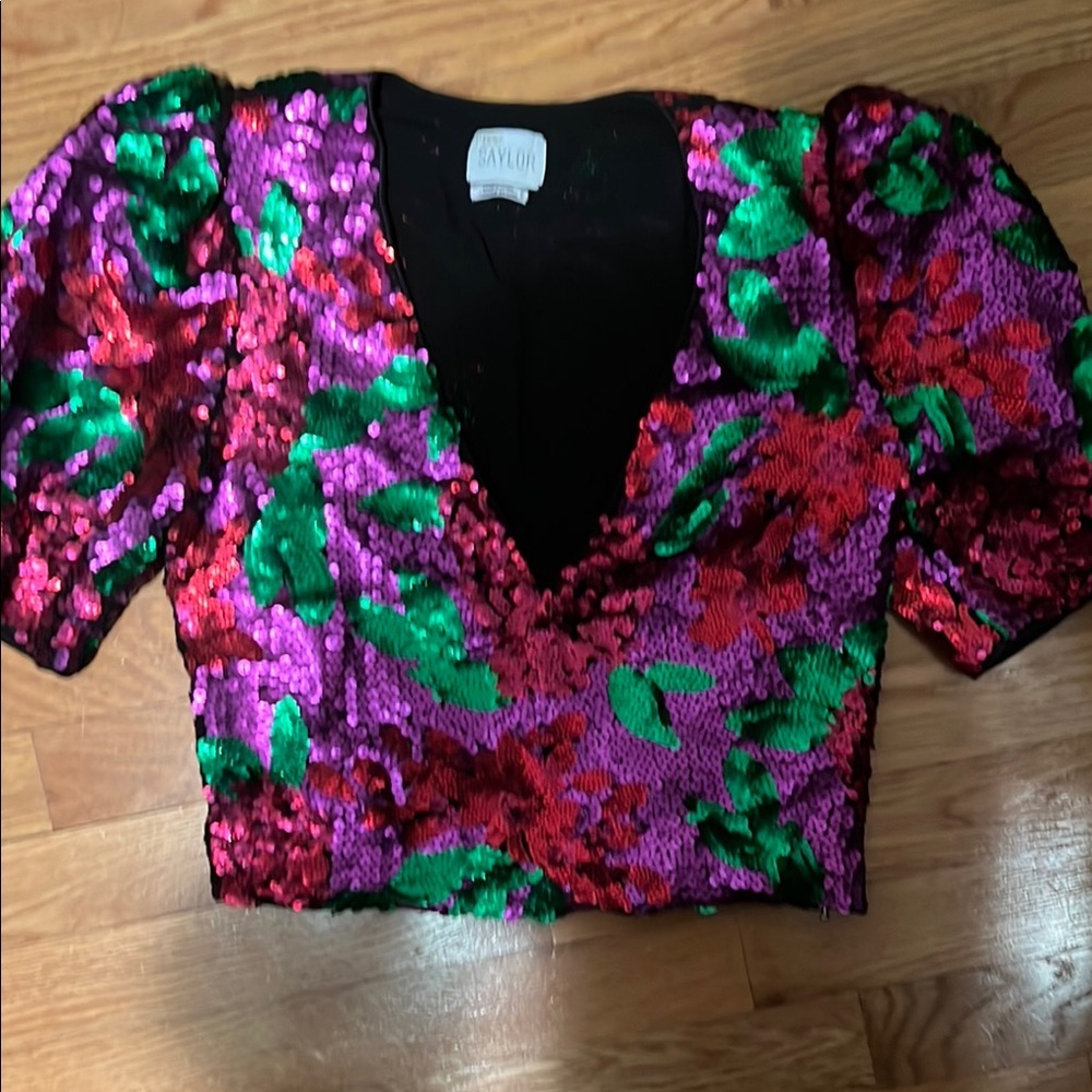 SAYLOR Sequin Floral Crop Top in Pink, Green & Red